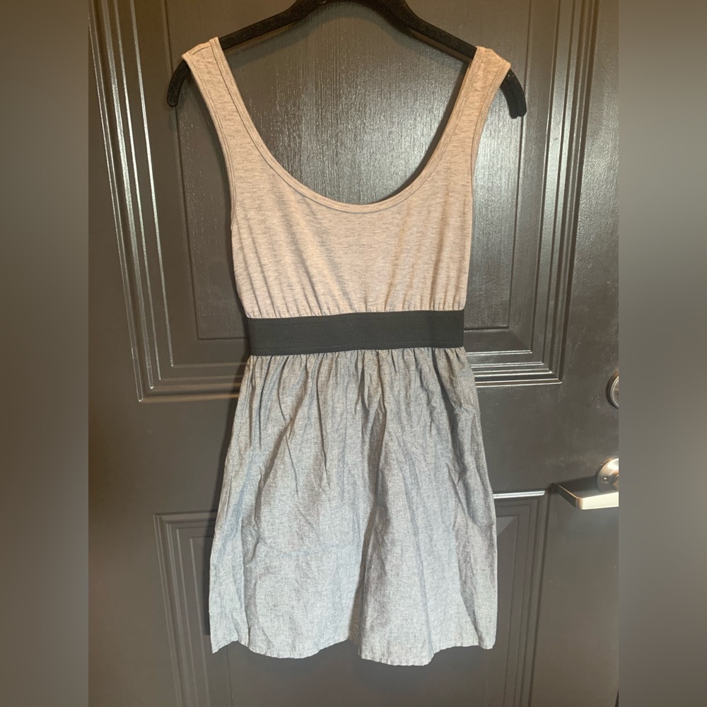 Charcoal gray dress with black waist band, mid thigh, size small, never worn!